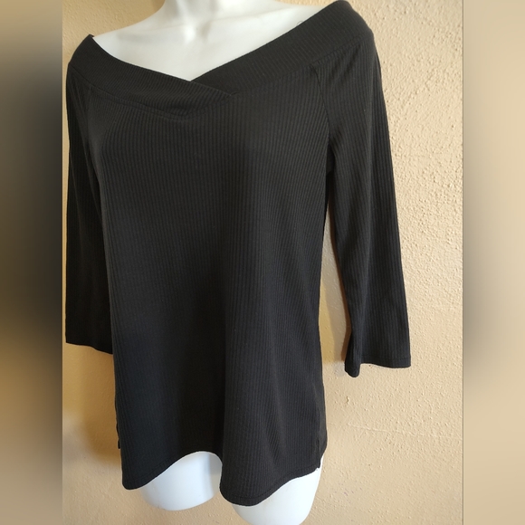 Ribbed Black Off Shoulder Blouse 3/4 Sleeves 0+0 Stitch Fix Size Small Medium - Picture 7 of 10
